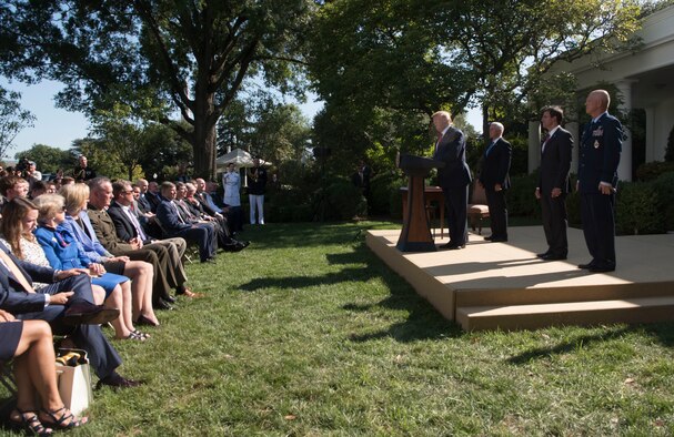President Donald J. Trump hosts a White House ceremony on the establishment of the U.S. Space Command, with Vice President Mike Pence, Secretary of Defense Dr. Mark T. Esper, and the incoming commander of U.S. Space Command, Air Force Gen. John W. Raymond, in Washington, D.C., Aug. 29.