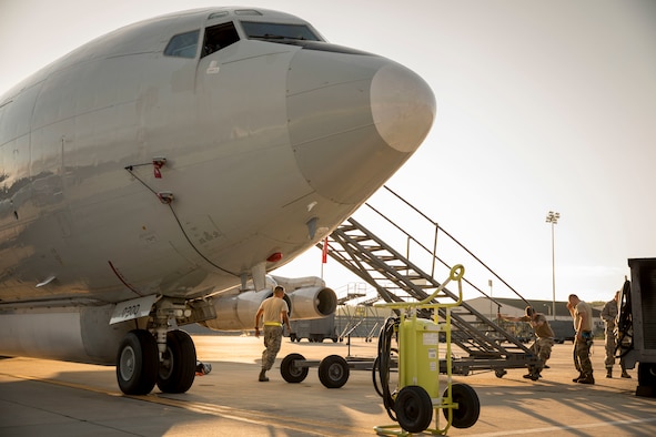 Airmen adjust a maintenance stand on an E-8C Joint STARS aircraft at Robins Air Force Base, Ga., Sept. 2, 2019, ahead of Hurricane Dorian. The Joint STARS aircraft belonging to the Georgia Air National Guard’s 116th Air Control Wing, relocated to Tinker Air Force Base, Okla., in preparation for Hurricane Dorian’s potential arrival on the eastern coast of Georgia. (U.S. Air National Guard photo by 1st Lt. Dustin Cole)