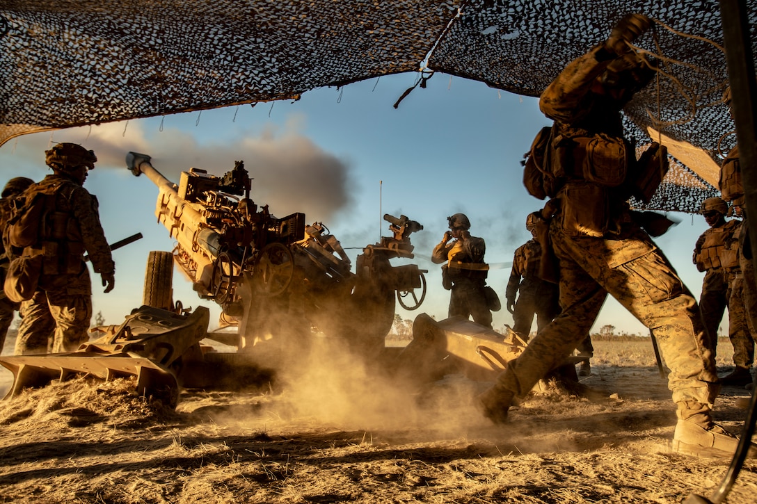 U.S. Marines fire an M777 howitzer during Exercise Koolendong at Mount Bundey Training Area, NT, Australia, Aug. 27.