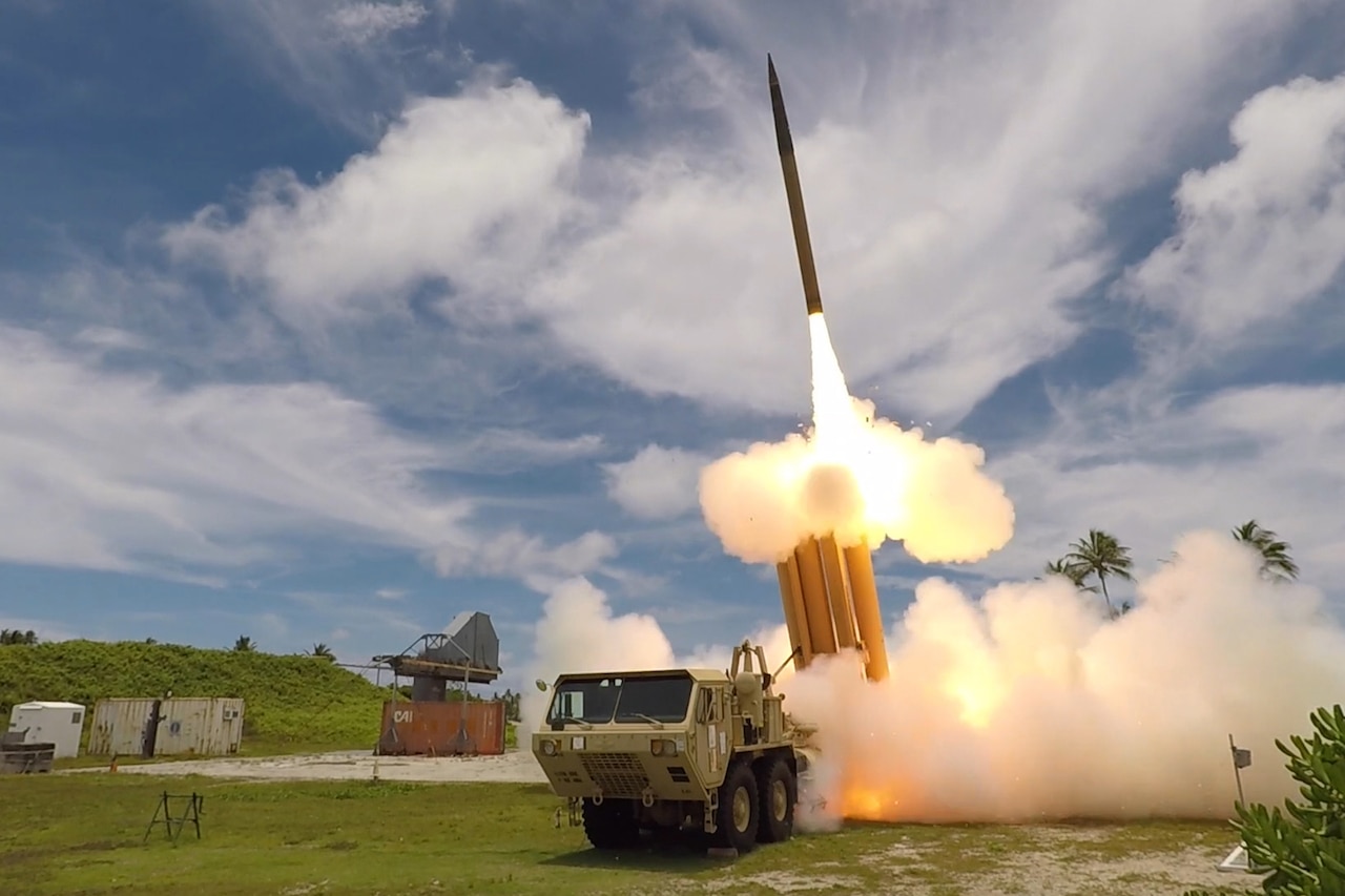 A missile launches during a test flight.