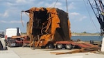 This 4th section of Dredge Barge Olga was cut and lifted on 22 August and loaded on a trailer to be taken to the processing site. SUPSALV is supporting future NATO missions by clearing sunken barge in the port of Alexandroupoli, Greece.