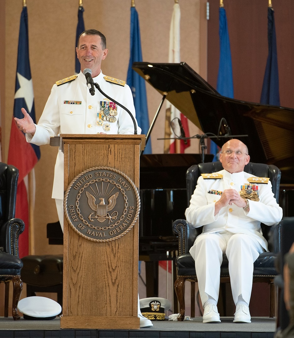 Navy Adm. John M. Richardson speaks during his retirement and change-of-office ceremony at the Washington Navy Yard, Aug. 22, 2019. During the ceremony, Adm. Michael Gilday relieved Richardson as the chief of naval operations. Richardson had served as CNO since September 2015.