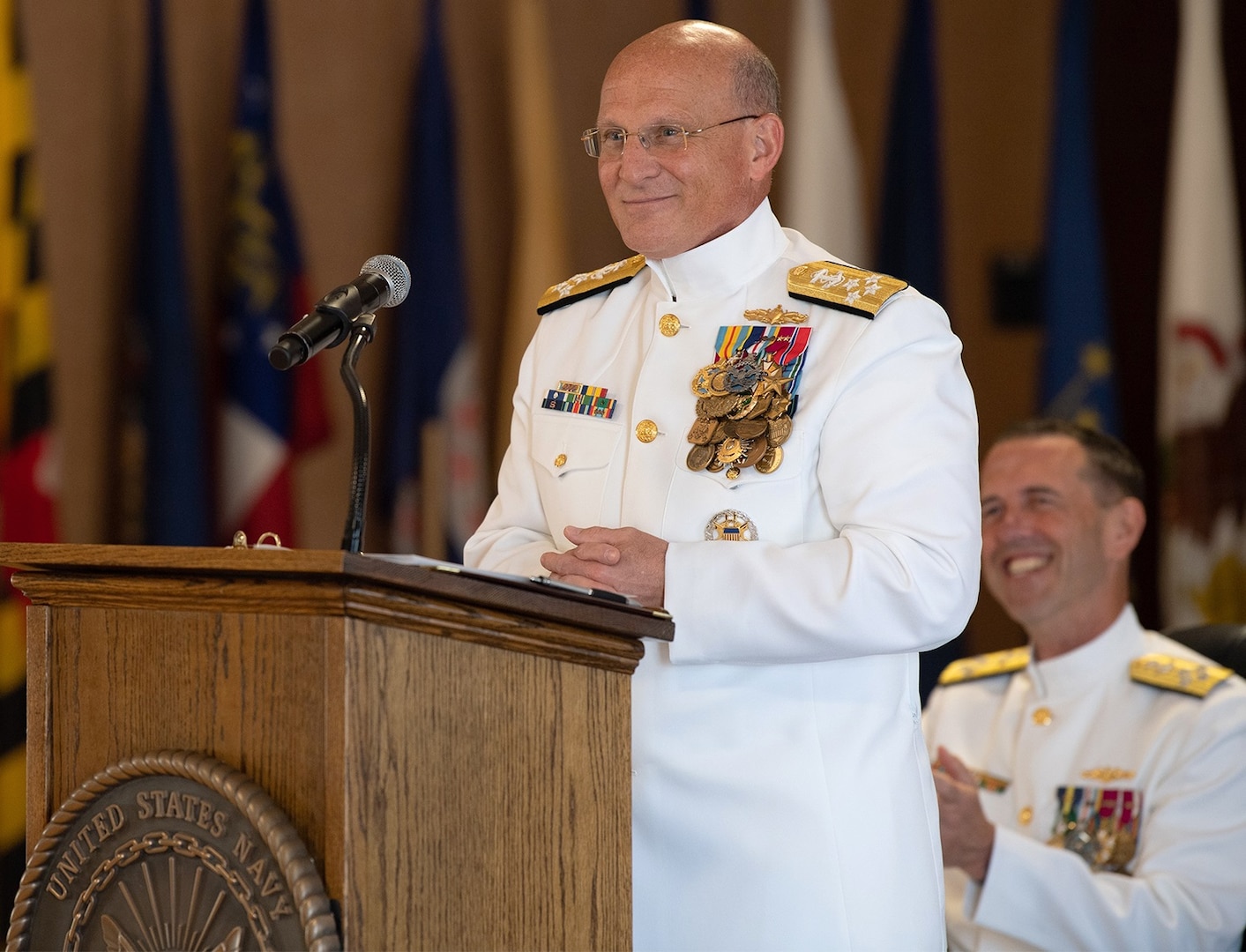 Navy Adm. Michael Gilday delivers his first remarks as the 32nd chief of naval operations during a change-of-office ceremony at the Washington Navy Yard, Aug. 22, 2019.