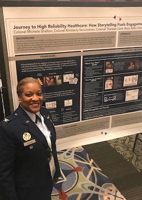 Col. Michele Shelton, U.S. Air Force Medical Service Trusted Care lead, stands next to a poster showcasing the effects of their three most recent campaigns at the National Conference on Health Communication, Marketing and Media in Atlanta, Georgia, August 14, 2019. The poster presentation highlighted the impact their three campaigns - What’s Your Why, How Do You C.A.R.E., and Trusted Care Heroes – have had on Airmen behavior and, ultimately, patient outcomes. (Courtesy photo)