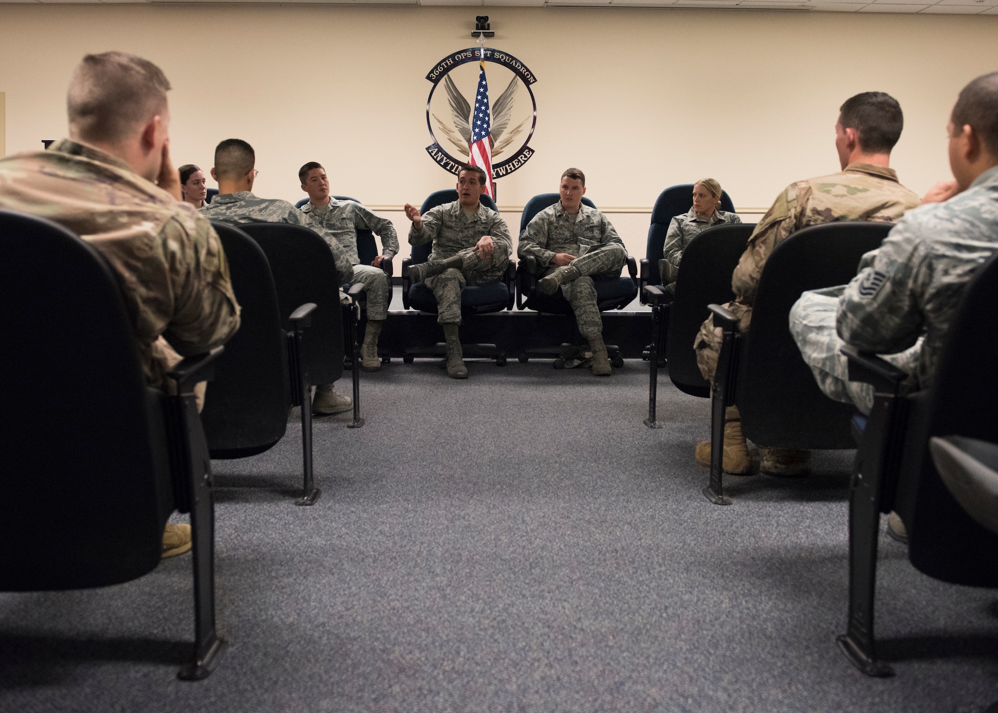 U.S. Air Force officers answer questions from enlisted Airmen August 27, 2019 on Mountain Home Air Force Base, Idaho. Officers hold commissioning panels for enlisted Airmen who have questions about the commissioning process. (U.S. Air Force photo by Airman Natalie Rubenak)