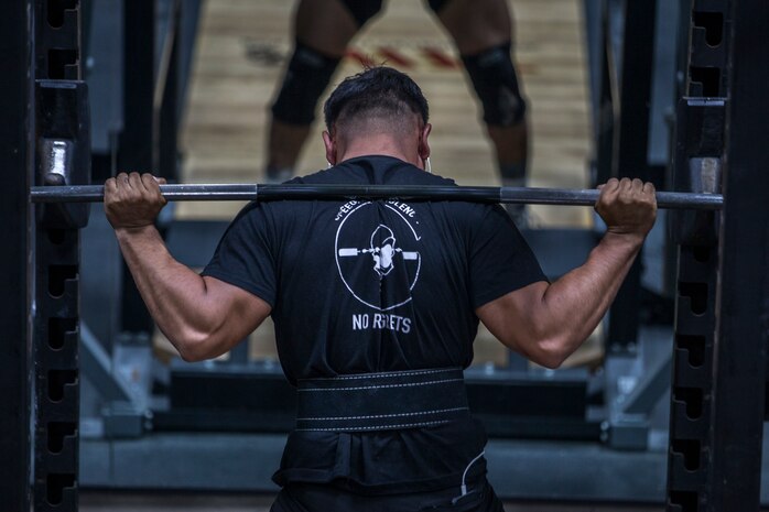 U.S. Marines and civilians aboard Marine Corps Air Station (MCAS) Yuma compete in a weight lifting contest at theMCAS Yuma Station Gym on August 28, 2019. The competition consisted of 3 maximum repititions of squats, bench press, and then deadlifts. (U.S. Marine Corps photo by Lance Cpl. John Hall)