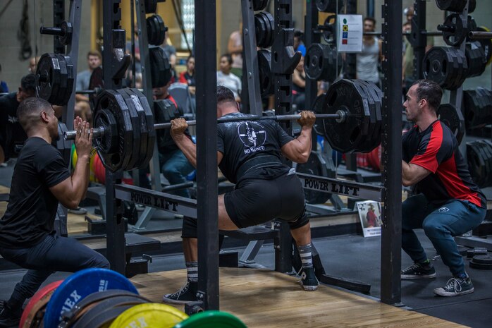 U.S. Marines and civilians aboard Marine Corps Air Station (MCAS) Yuma compete in a weight lifting contest at theMCAS Yuma Station Gym on August 28, 2019. The competition consisted of 3 maximum repititions of squats, bench press, and then deadlifts. (U.S. Marine Corps photo by Lance Cpl. John Hall)