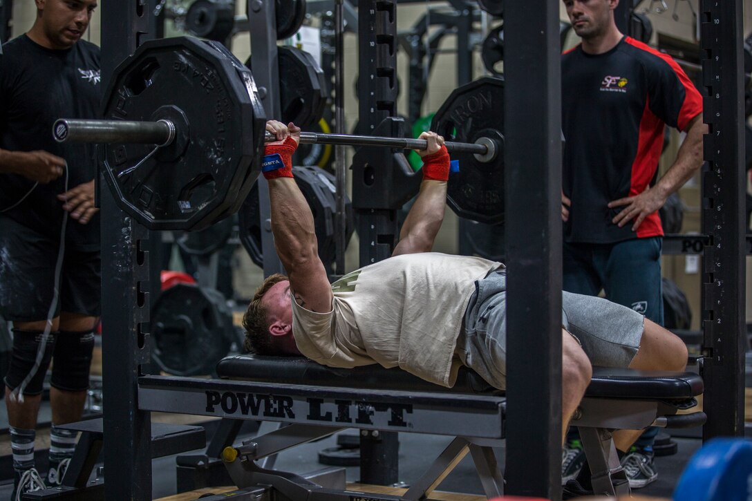 U.S. Marines and civilians aboard Marine Corps Air Station (MCAS) Yuma compete in a weight lifting contest at theMCAS Yuma Station Gym on August 28, 2019. The competition consisted of 3 maximum repititions of squats, bench press, and then deadlifts. (U.S. Marine Corps photo by Lance Cpl. John Hall)