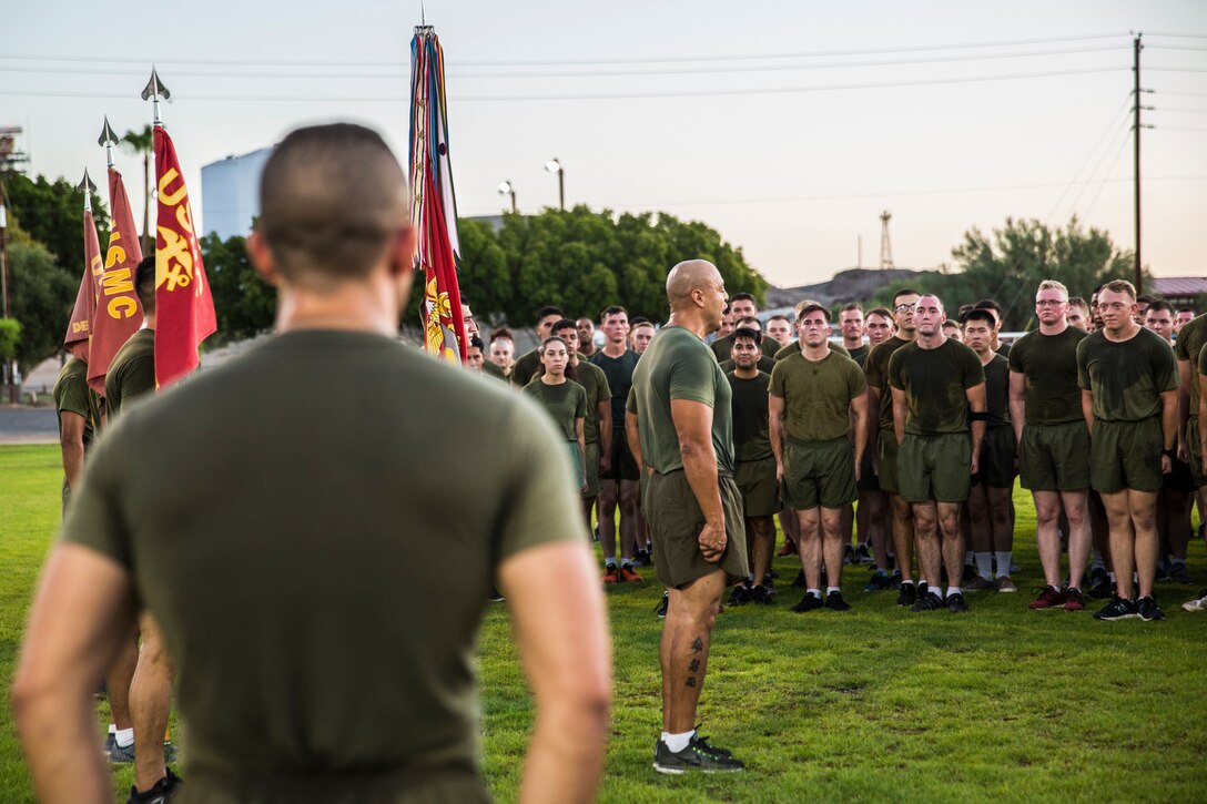 U.S. Marines with Marine Air Control Squadron (MACS) 1 participate in their motivational run at Marine Corps Air Station Yuma, Ariz., August 30, 2019. The unit conducted their motivational run to start off their 96-hour liberty period for Labor Day. (U.S. Marine Corps photo by Cpl. Sabrina Candiaflores)