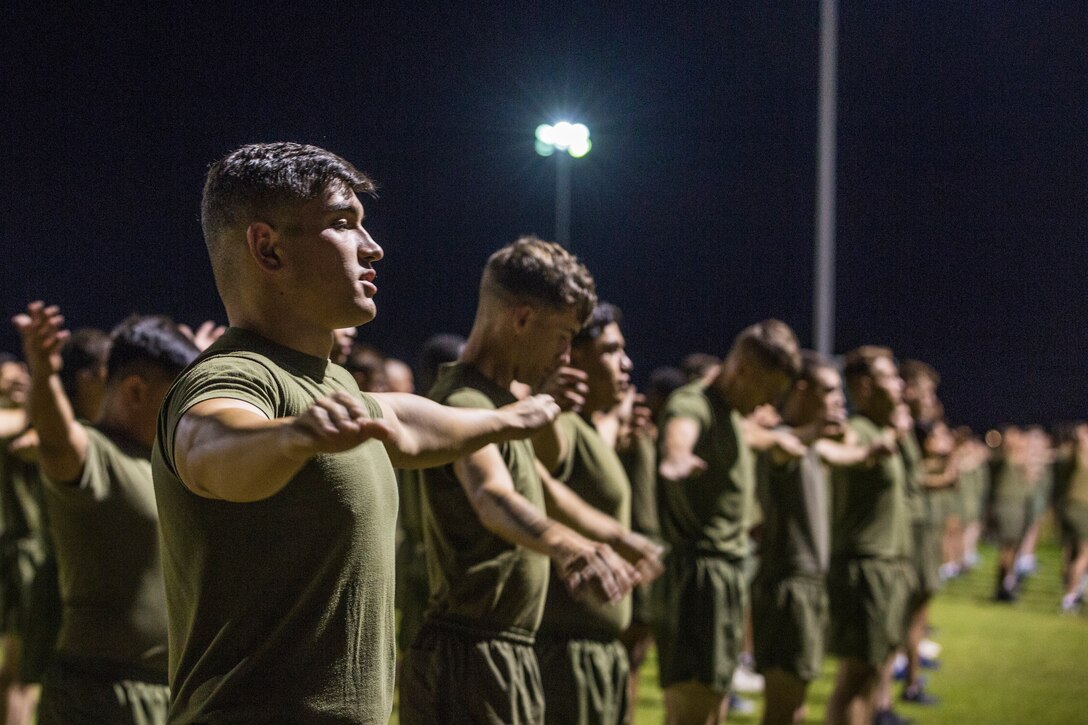 U.S. Marines with Marine Air Control Squadron (MACS) 1 participate in their motivational run at Marine Corps Air Station Yuma, Ariz., August 30, 2019. The unit conducted their motivational run to start off their 96-hour liberty period for Labor Day. (U.S. Marine Corps photo by Cpl. Sabrina Candiaflores)