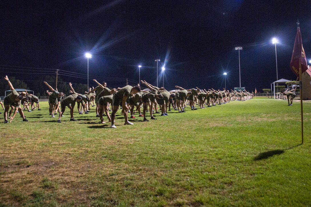 U.S. Marines with Marine Air Control Squadron (MACS) 1 participate in their motivational run at Marine Corps Air Station Yuma, Ariz., August 30, 2019. The unit conducted their motivational run to start off their 96-hour liberty period for Labor Day. (U.S. Marine Corps photo by Cpl. Sabrina Candiaflores)