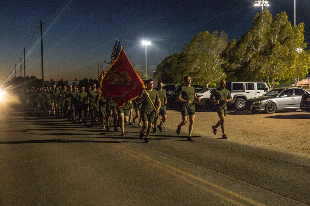 U.S. Marines with Marine Air Control Squadron (MACS) 1 participate in their motivational run at Marine Corps Air Station Yuma, Ariz., August 30, 2019. The unit conducted their motivational run to start off their 96-hour liberty period for Labor Day. (U.S. Marine Corps photo by Cpl. Sabrina Candiaflores)