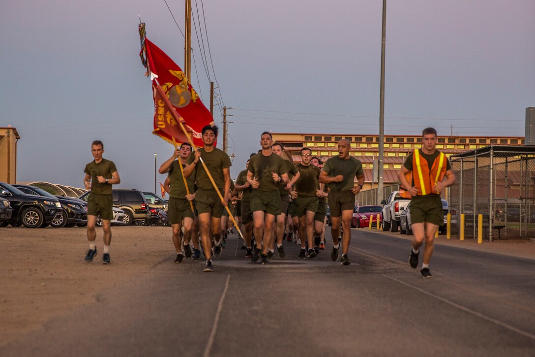 U.S. Marines with Marine Air Control Squadron (MACS) 1 participate in their motivational run at Marine Corps Air Station Yuma, Ariz., August 30, 2019. The unit conducted their motivational run to start off their 96-hour liberty period for Labor Day. (U.S. Marine Corps photo by Cpl. Sabrina Candiaflores)