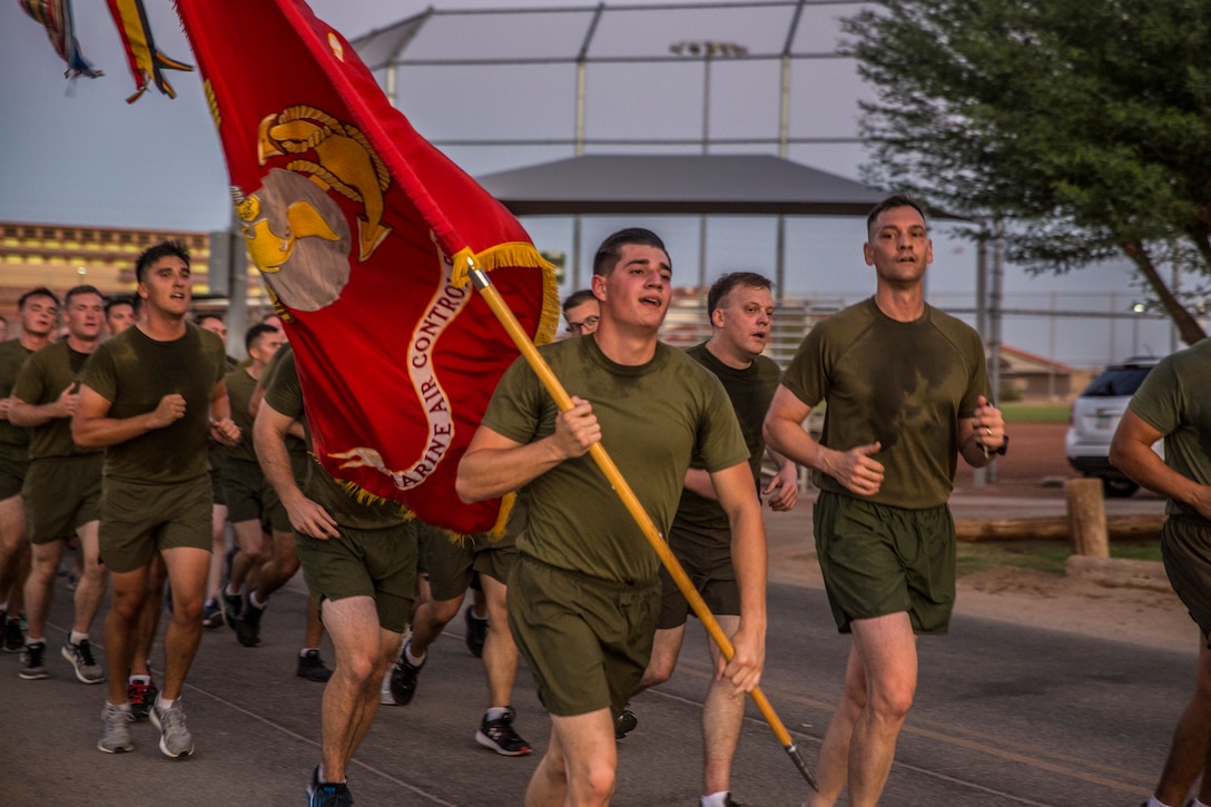 U.S. Marines with Marine Air Control Squadron (MACS) 1 participate in their motivational run at Marine Corps Air Station Yuma, Ariz., August 30, 2019. The unit conducted their motivational run to start off their 96-hour liberty period for Labor Day. (U.S. Marine Corps photo by Cpl. Sabrina Candiaflores)