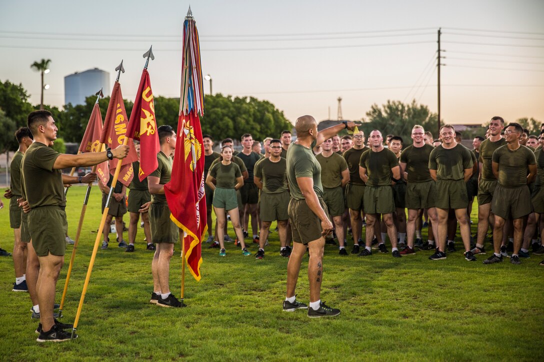 U.S. Marines with Marine Air Control Squadron (MACS) 1 participate in their motivational run at Marine Corps Air Station Yuma, Ariz., August 30, 2019. The unit conducted their motivational run to start off their 96-hour liberty period for Labor Day. (U.S. Marine Corps photo by Cpl. Sabrina Candiaflores)