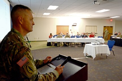 Sgt. Maj. Litt Moore, Health Readiness Center of Excellence Capabilities Development and Integration Directorate Sergeant Major, moderating the Inaugural Operational Medicine Summit Aug. 26-28 at Joint Base San Antonio-Fort Sam Houston.