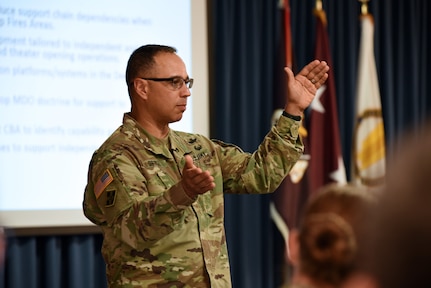 Col. Enrique Ortiz Jr., Chief, Medical Integrations, U.S. Army Futures Command, providing an overview of AFC structure and operations.