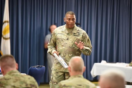 Maj. Gen. Patrick D. Sargent, commander, Health Readiness Center of Excellence, giving opening remarks at the Operational Medicine Summit at Joint Base San Antonio-Fort Sam Houston Aug. 26.