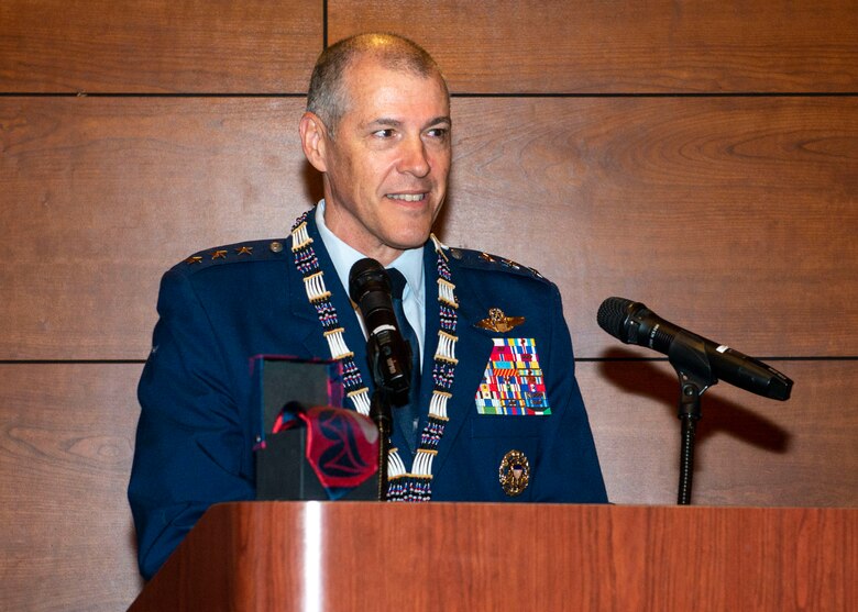 U.S. Air Force Lt. Gen. Thomas Bussiere, commander, Alaskan North American Aerospace Defense Command Region, North American Aerospace Defense Command; commander, Alaskan Command, U.S. Northern Command; and commander, 11th Air Force, Pacific Air Forces, speaks on the honor of receiving the Alaska Native names during an Alaska Native naming ceremony on Joint Base Elmendorf-Richardson, Alaska, Aug. 28, 2019. The Alaska Federation of Natives hosted the event honoring Bussiere for his service and his active engagement with the Alaska Native community during his tenure in Alaska. The naming ceremony is based on the traditional belief that a person’s name is the type of soul they possess. The ceremony showcased the bond between the Alaska Native community and the military in Alaska.
