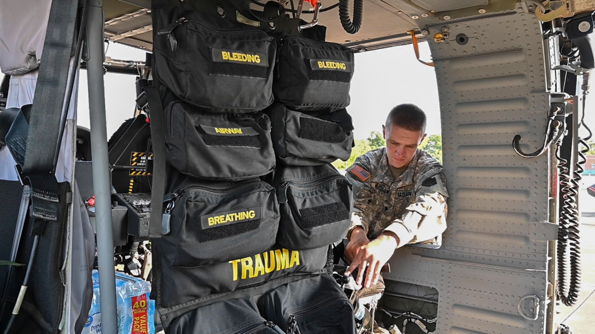 Crew members from the West Virginia National Guard's Company C., 2-104th General Support Aviation Battalion, located in Williamstown, W.Va., prepare to deploy to South Carolina in support of Hurricane Dorian response and recovery operations Sept. 4, 2019. Eight Soldiers from the aeromedical evacuation crew will be on standby for a week to provide assistance as needed. (U.S. Army National Guard photo by Edwin Wriston)