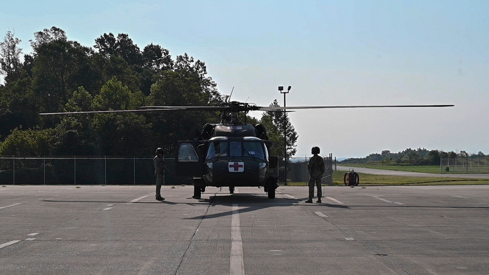 Crew members from the West Virginia National Guard's Company C., 2-104th General Support Aviation Battalion, located in Williamstown, W.Va., prepare to deploy to South Carolina in support of Hurricane Dorian response and recovery operations Sept. 4, 2019. Eight Soldiers from the aeromedical evacuation crew will be on standby for a week to provide assistance as needed. (U.S. Army National Guard photo by Edwin Wriston)