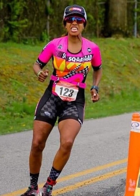 Col. Yvonne Spencer rounds the final turn of the run portion of the Hagerstown Duathlon April 20 in Hagerstown, Maryland. She earned 1st place in the masters women’s division.