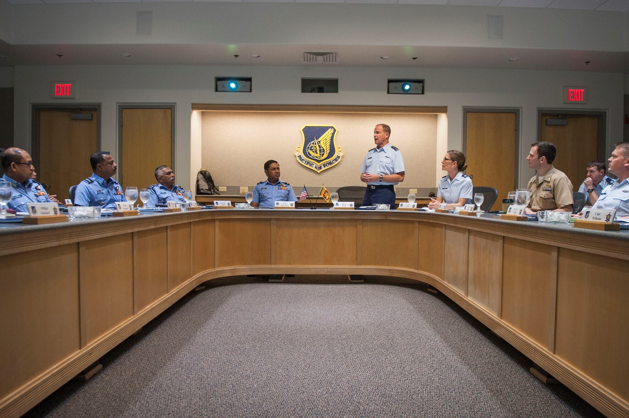 Maj. Gen. David Burgy, Air National Guard assistant to the Pacific Air Forces commander, provides opening remarks during the Airman-to-Airman talks at Joint Base Pearl Harbor-Hickam, Hawaii, Aug. 20, 2019. A2A talks are jointly held discussions between United States and partner nation air forces designed to bolster relations and provide an opportunity to share best practices from a variety of subject matter areas. (U.S. Air Force photo by Staff Sgt. Mikaley Kline)