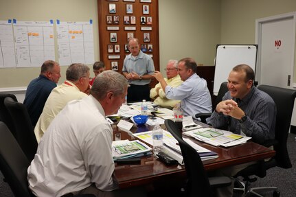 Leadership from various Naval Sea Systems (NAVSEA) field commands meet at Mid-Atlantic Regional Maintenance Center (MARMC) to participate in the Team Ships (NAVSEA 21) FY20 Metrics and Availability Acquisition Strategy and Contract Planning Off-site session in Building LF-18 aboard Naval Station Norfolk, Aug. 27.