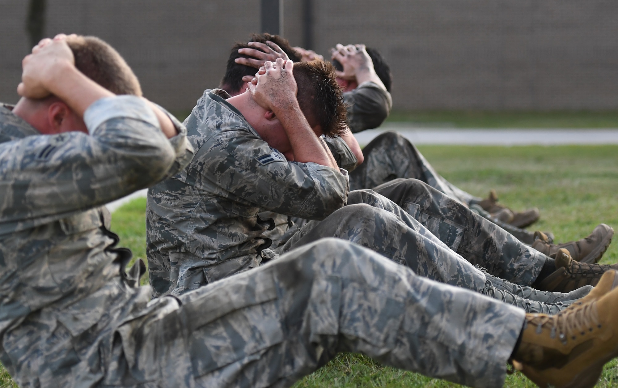 Special Warfare trainees from the 352nd Special Warfare Training Squadron participate in a memorial physical training session outside of Matero Hall on Keesler Air Force Base, Mississippi, Aug. 9, 2019. The PT event was in memory of U.S. Air Force Staff Sgt. Andrew Harvell, combat controller, who was killed in action on Aug. 6, 2011. Special Warfare trainees also attend courses in the 334th and 335th Training Squadrons. (U.S. Air Force photo by Kemberly Groue)