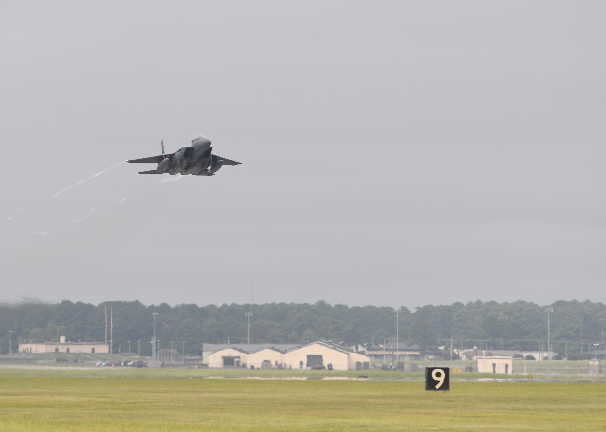Seymour Johnson Air Force Base, N.C. — An F-15E Strike Eagle Assigned to the 334th Fighter Squadron takes off, September, 4, 2019, from Seymour Johnson AFB, North Carolina. More than 30 aircraft were repositioned to Tinker AFB, Oklahoma, as a precautionary measure to avoid severe weather associated with Hurricane Dorian. (U.S. Air Force photo by Staff Sgt. Michael Charles)