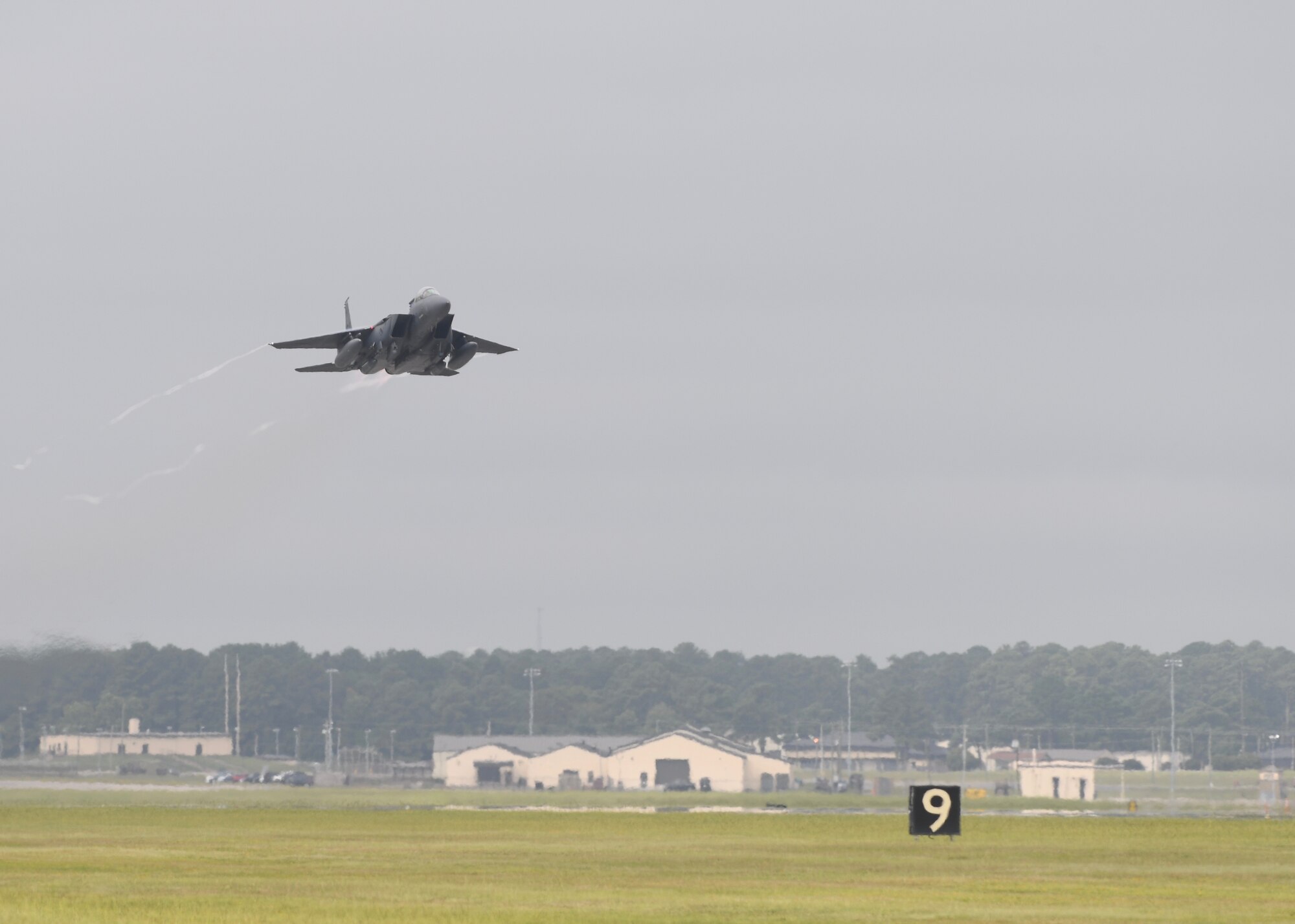 Seymour Johnson Air Force Base, N.C. — An F-15E Strike Eagle Assigned to the 334th Fighter Squadron takes off, September, 4, 2019, from Seymour Johnson AFB, North Carolina. More than 30 aircraft were repositioned to Tinker AFB, Oklahoma, as a precautionary measure to avoid severe weather associated with Hurricane Dorian. (U.S. Air Force photo by Staff Sgt. Michael Charles)