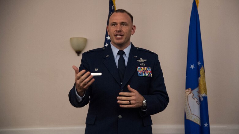 Col. Matthew W. McDaniel, Standoff Munitions Applications Center commander, addresses the crowd during an assumption of command ceremony at Barksdale Air Force Base, Louisiana, August 9, 2019. The SMAC is a new planning cell in charge of coordinating standoff weapon assets across the Department of Defense. The unit was activated and began operations as an independent organization realigned under the newly formed Joint-Global Strike Operations Center Aug. 24, 2018.  (U.S. Air Force photo by Airman Jacob B. Wrightsman)