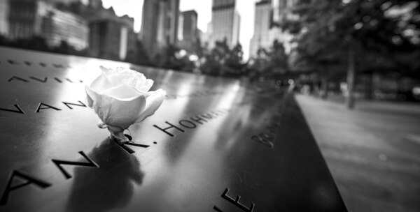 A rose in a name at the 9/11 Memorial.