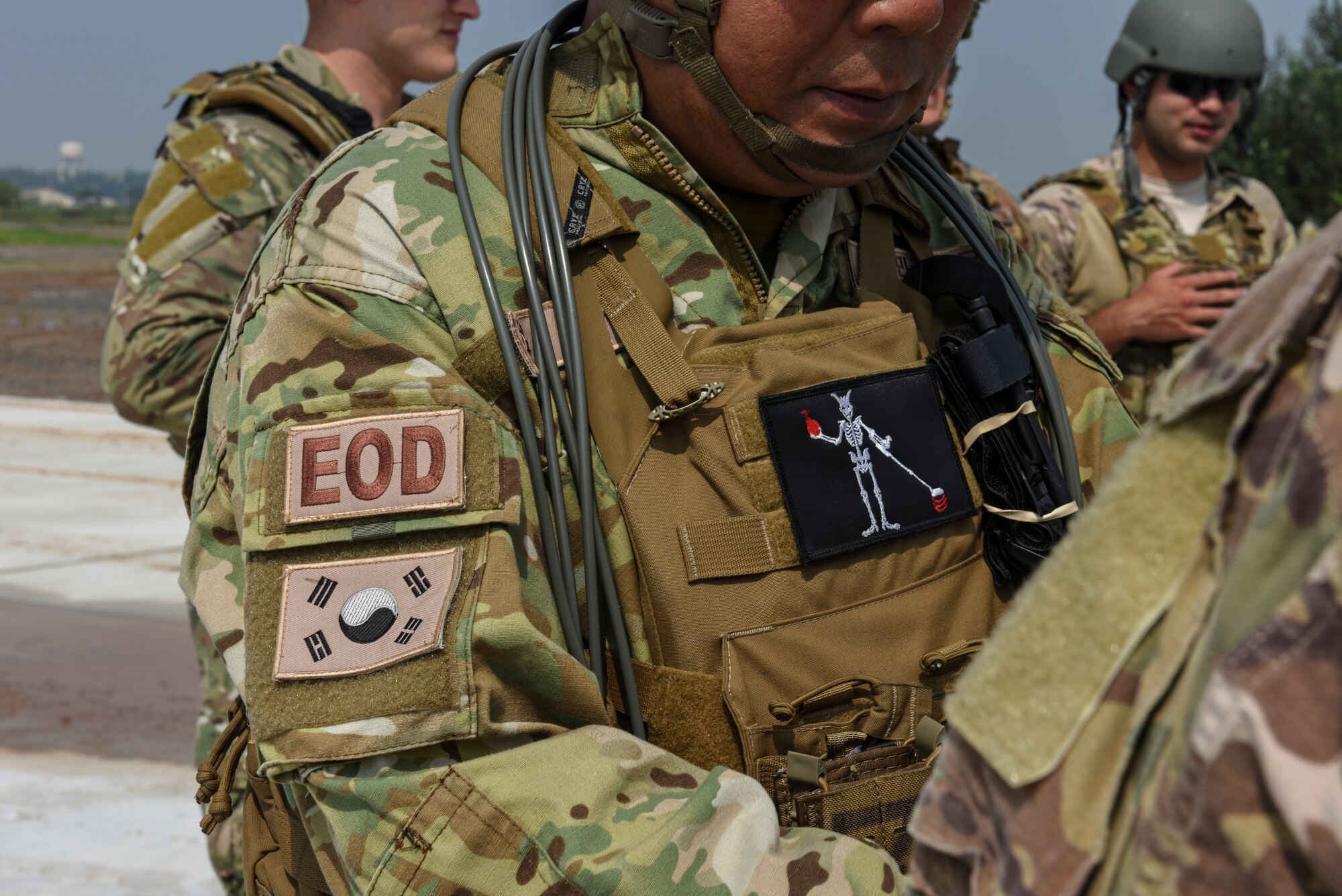 The 38th Fighter Group Explosive Ordnance Disposal unit partnered with the 8th Civil Engineer Squadron EOD unit to train on disposing of ordnance in the field at Kunsan Air Base, Republic of Korea, Aug. 22, 2019. More than 20 Airmen from the two units participated in the joint training, which challenged the EOD units to demonstrate how to properly dispose of unexploded ordnance in various settings. (U.S. Air Force photo by Staff Sgt. Mackenzie Mendez)