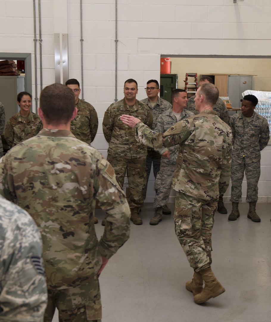 Major General James Dawkins Jr., the Eighth Air Force commander, speaks to members of the 509th Maintenance Group from Whiteman Air Force Base, Missouri, on August 27, 2019, at Royal Air Force Fairford, England. Dawkins visited members of Team Whiteman, who along with along strategic partners, have deployed as part of a Bomber Task Force to the European Command area of operations to conduct theater integration and flying training. (U.S. Air Force photo by Staff Sgt. Kayla White)