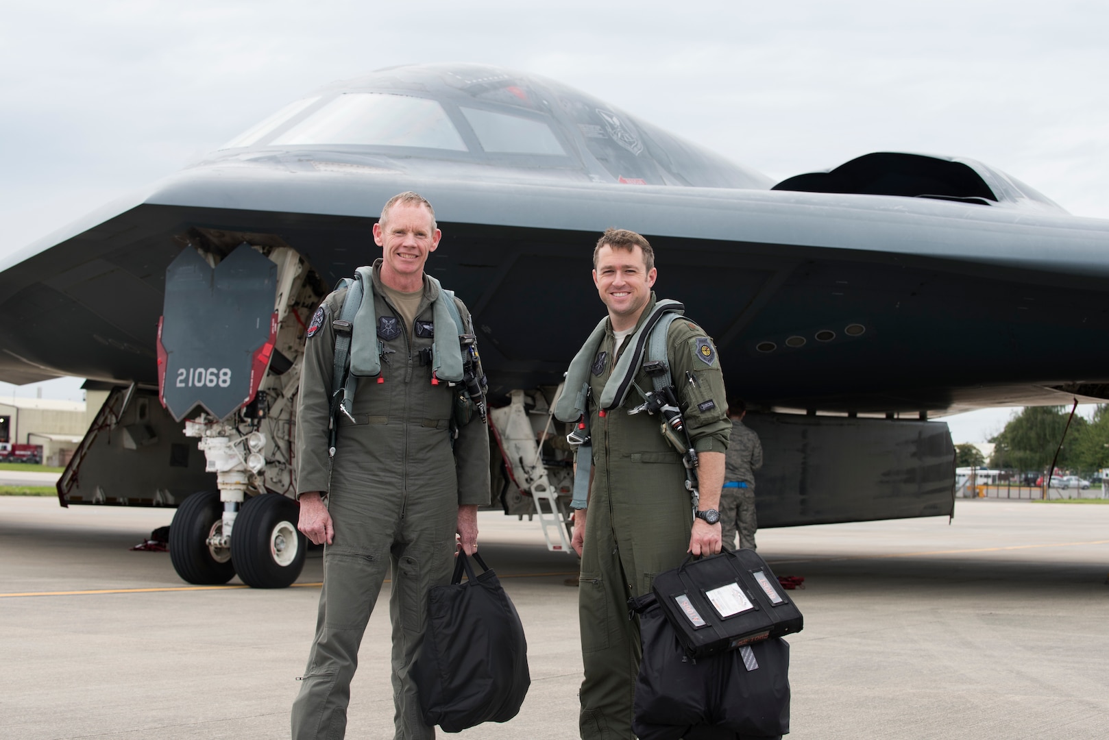 Major General James Dawkins Jr., Eighth Air Force commander, poses for a photo with a pilot call sign Heat, assigned to the 509th Bomb Wing, at Royal Air Force Base Fairford, England, on August 28, 2019. Dawkins flew in a B-2 Spirit during his visit to engage with members of Whiteman Air Force Base, Missouri, who had deployed to Royal Air Force Fairford as a Bomber Task Force to conduct theater integration and flying training. (U.S. Air Force photo by Staff Sgt. Kayla White)