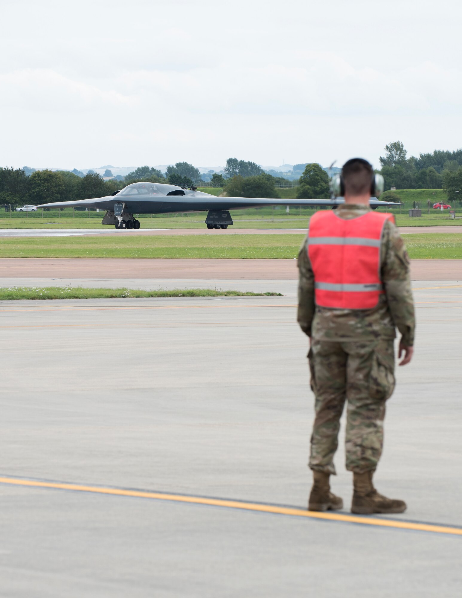 Major General James Dawkins Jr., Eighth Air Force commander, taxis in a B-2 Spirit on the flight line of Royal Air Force Base Fairford, England, on August 28, 2019. Dawkins flew the stealth bomber during his visit to engage with members of Whiteman Air Force Base, Missouri, who had deployed to Royal Air Force Fairford as a Bomber Task Force to conduct theater integration and flying training. (U.S. Air Force photo by Staff Sgt. Kayla White)
