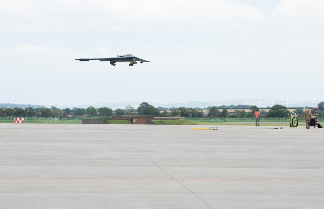 Major General James Dawkins Jr., Eighth Air Force commander, descends in a B-2 Spirit onto the flight line of Royal Air Force Base Fairford, England, on August 28, 2019. Dawkins flew the stealth bomber during his visit to engage with members of Whiteman Air Force Base, Missouri, who had deployed to Royal Air Force Fairford as a Bomber Task Force to conduct theater integration and flying training. (U.S. Air Force photo by Staff Sgt. Kayla White)