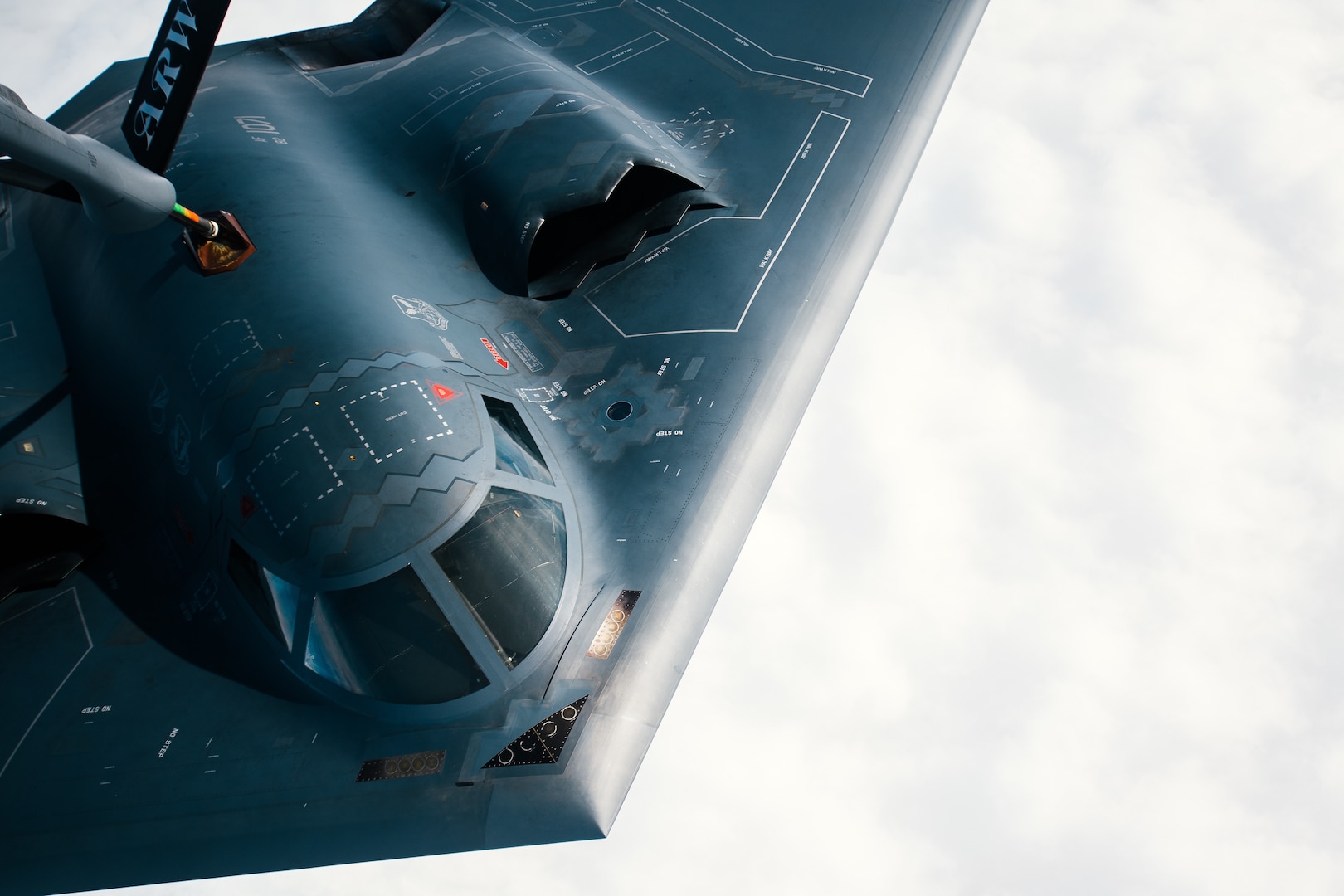 A U.S. Air Force 509th Bomb Wing B-2 Spirit refuels from a 351st Aerial Refueling Squadron KC-135 Stratotanker during the Bomber Task Force training exercise over England, Aug. 29, 2019.