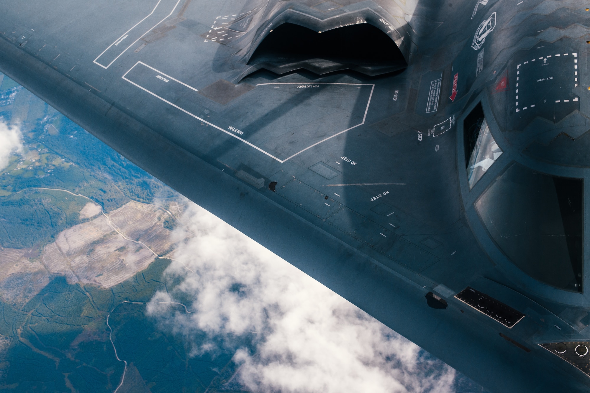 A U.S. Air Force 509th Bomb Wing B-2 Spirit refuels from a 351st Aerial Refueling Squadron KC-135 Stratotanker during the Bomber Task Force training exercise over England, Aug. 29, 2019.
