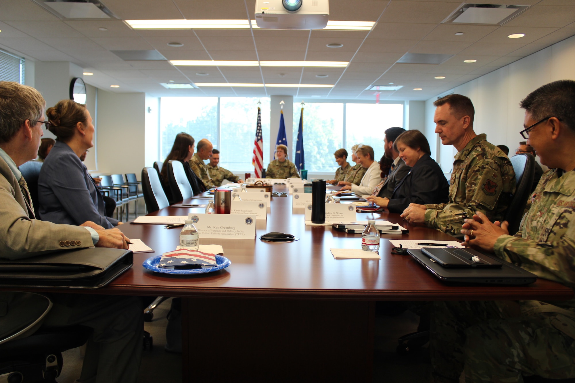 Lt. Gen. Dorothy Hogg, U.S. Air Force Surgeon General, center, leads a discussion with representatives of military and veteran service organizations at the Defense Health Headquarters in Falls Church, Virginia, Sept. 4, 2019. (U.S. Air Force photo by Josh Mahler)
