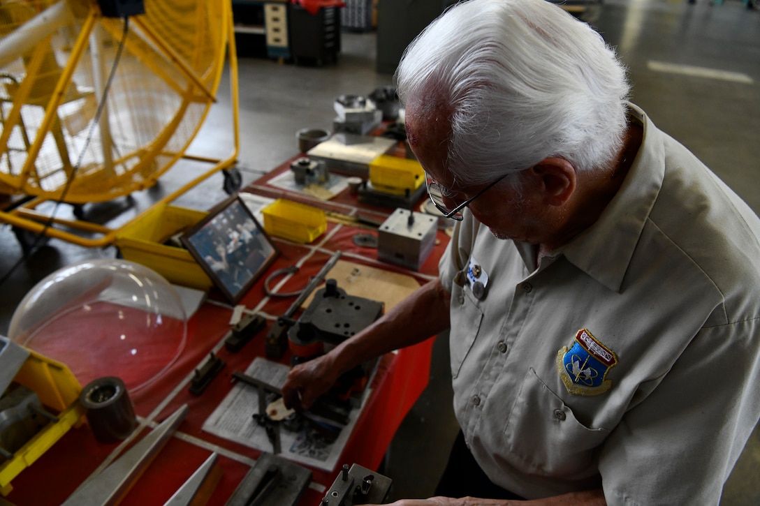 John Rumpf works to restore pieces of aircraft to be exhibited for the National Museum of the United States Air Force at Wright-Patterson Air Force Base, August 13 2019.  (U.S. Air Force photo / Darrius A. Parker)