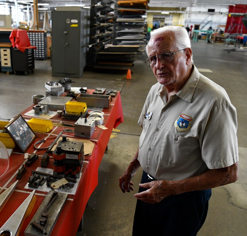 John Rumpf works to restore pieces of aircraft to be exhibited for the National Museum of the United States Air Force at Wright-Patterson Air Force Base, August 13 2019.  (U.S. Air Force photo / Darrius A. Parker)