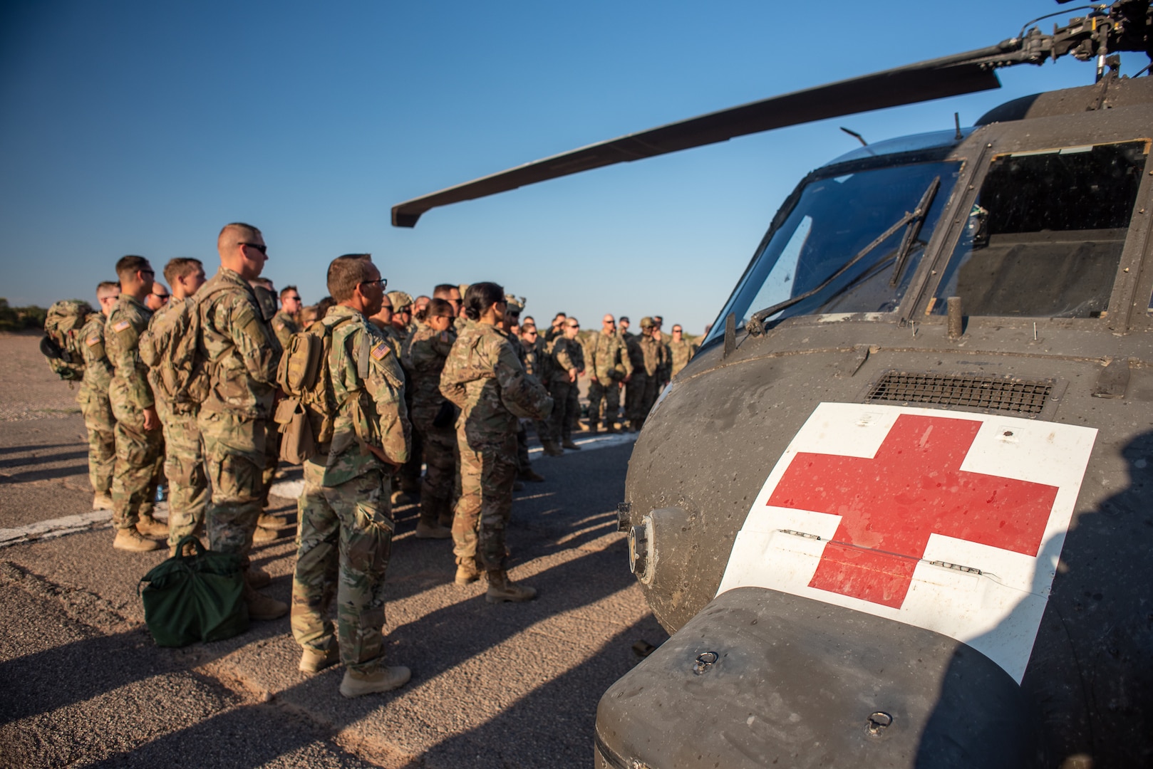 U.S. Army Combat Medic Soldiers in the 30th Armored Brigade Combat Team (ABCT),  conduct cold and hot load training on a MEDEVAC UH-60 Black Hawk helicopter from 5th Armored Brigade, First Army Division West, near Fort Bliss, Texas, September 3, 2019.