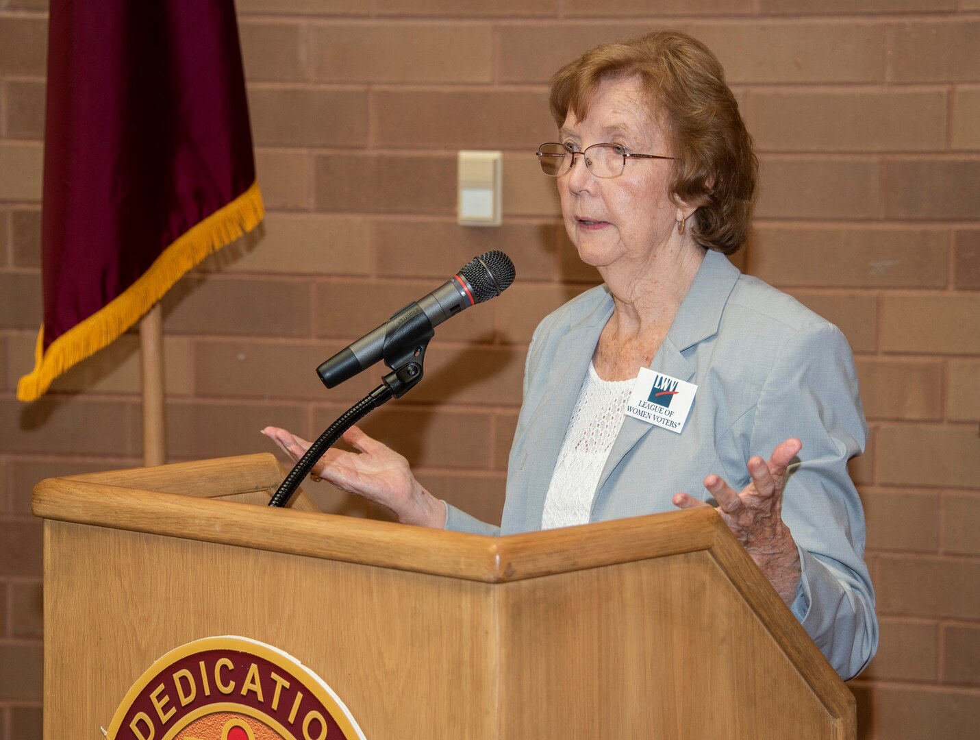 Jean Aratingi speaks at the Women’s Equality observance at Brooke Army Medical Center at Joint Base San Antonio-Fort Sam Houston Aug. 27. Aratingi, a member of the League of Women Voters since 1974, talked about the history of the Women’s Suffrage Movement from 1848 to 1920.