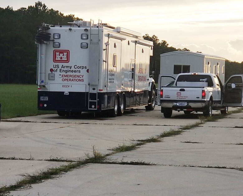 USACE command and control vehicles to assist with communication capabilities positioned at the emergency power staging area at the Air Force Auxiliary Field near the city of North, S.C., about 30 miles south of the state capitol.