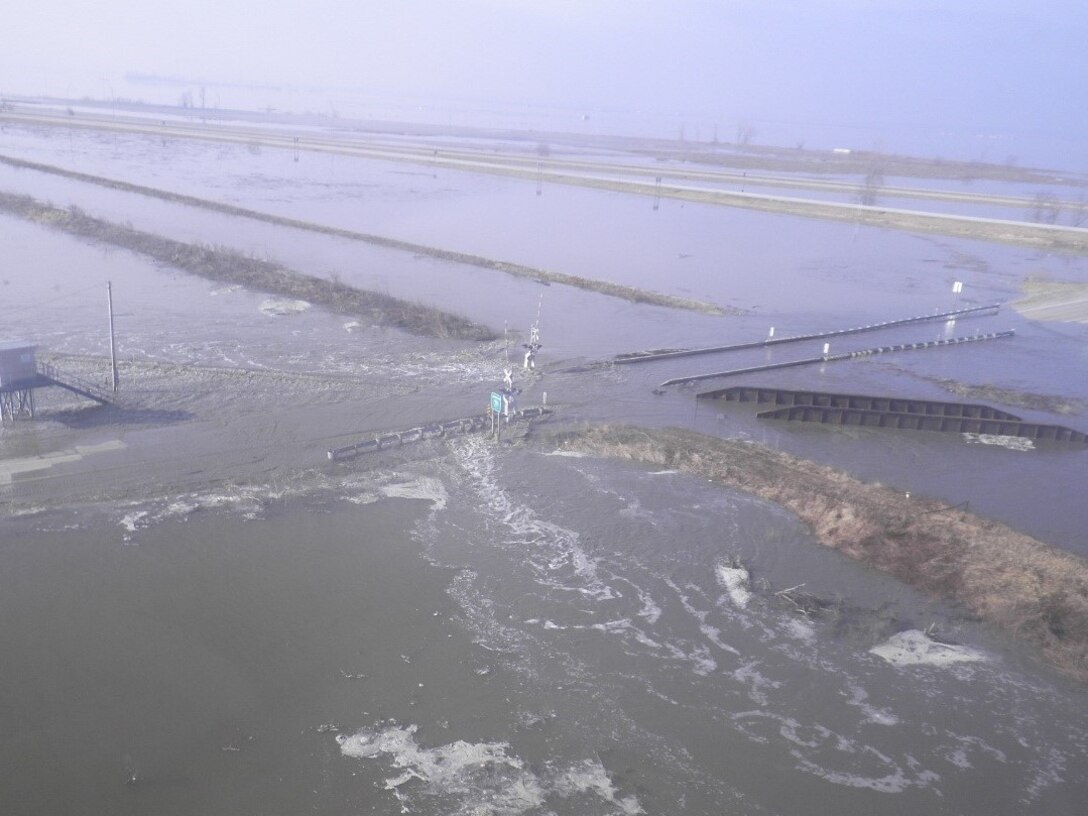 Flooding at Hamburg – Ditch 6 covered a section of 310th St and the Burlington Northern Santa Fe Rail Line. Photo taken on Mar. 17, 2019.