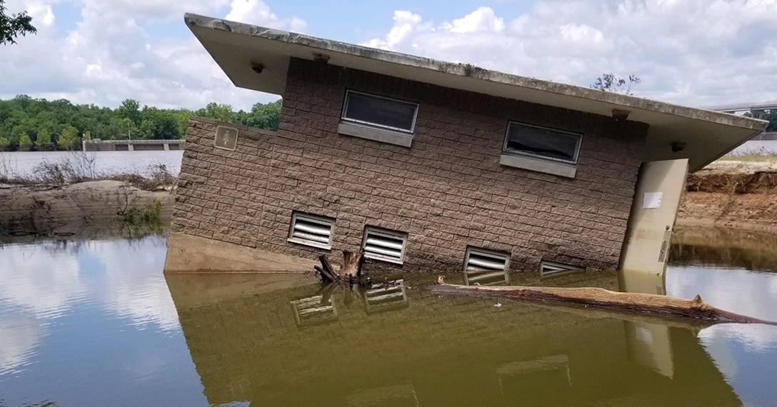 The restroom at Sheppard Island Park near Pine Bluff, Arkansas was swept off its foundation during the spring flood event of 2019.