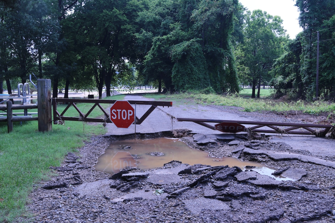 The entrance to Toad Suck Park was severely damaged during the spring flood of 2019. Flows at Toad Suck Ferry Lock and Dam near Conway, Arkansas were around 549,000 c.f.s. at the height of the flooding event.