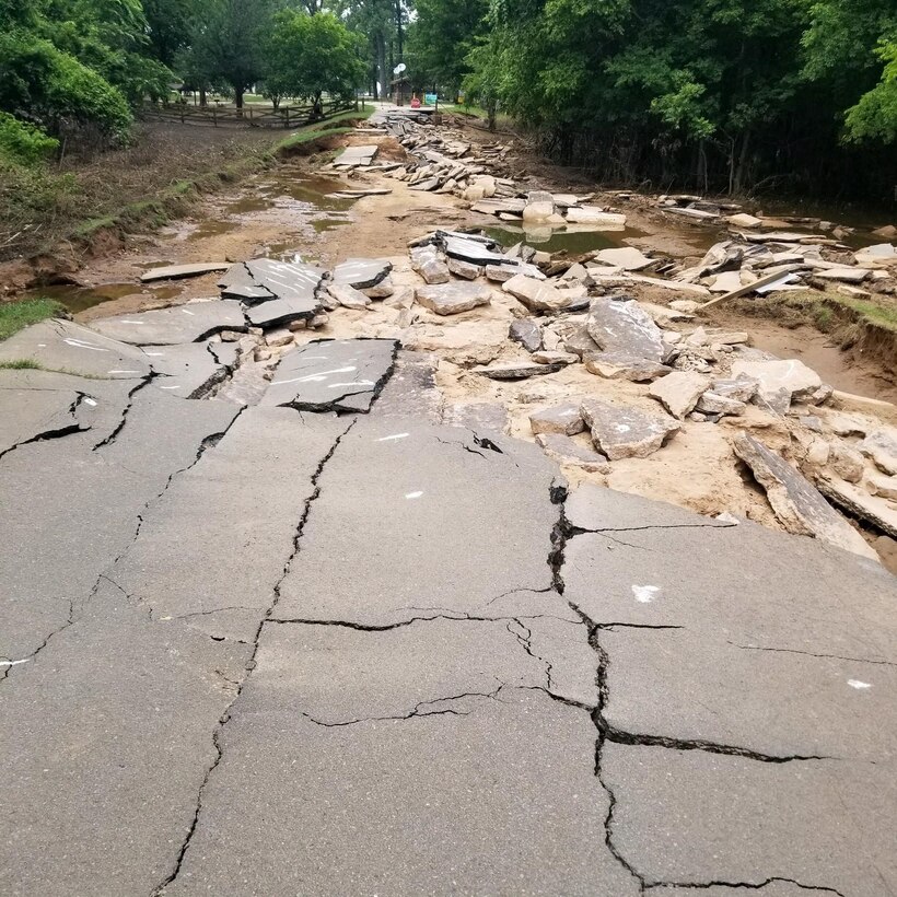 The entrance to Rising Star Park near Pine Bluff, Arkansas was severely damaged during the spring flood event of 2019. The roadway was completely washed out.